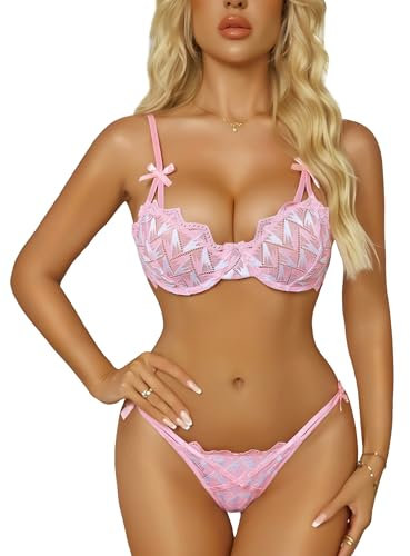 RSLOVE Ensemble de Lingerie Femme - Soutien-Gorge et Culotte 2 Pièces sous-Vêtements Sexy Rose XXL