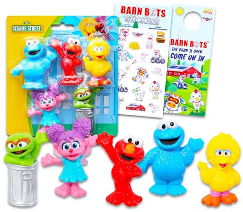 Sesame Street Mini-Figuren, 5er-Pack, Spielzeug-Bundle mit 5 Cupcake-Topper-Figuren, einschließlich Elmo, großer Vogel, Krümelmonster, mehr Plus-Aufklebern, Sesame Street Partyzubehör für Kinder