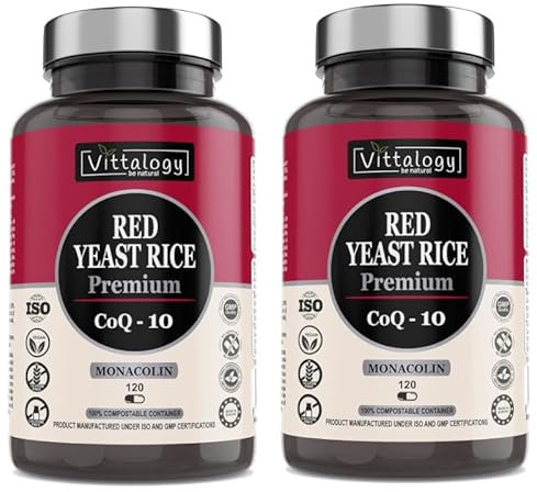 VITTALOGY Red Yeast Rice Premium Complemento Alimenticio de Levadura de Arroz Rojo con Coenzima Q10 para Reducir el Colesterol. Suplemento con Extracto de Cardo Mariano y Policocanol. 240 Cápsulas