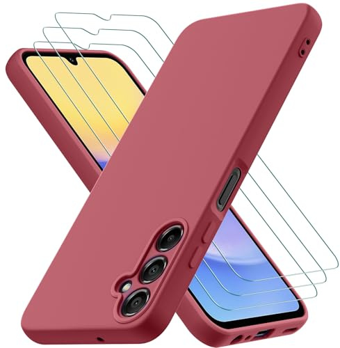 Oureidoo Cover per Samsung Galaxy A15 4G/5G con 3 Pezzi Pellicola Vetro Temperato, Custodia in Morbida Silicone Liquido, Sottile e Antiurto con Rivestimento in Microfibra AntiGraffio, Vino Rosso