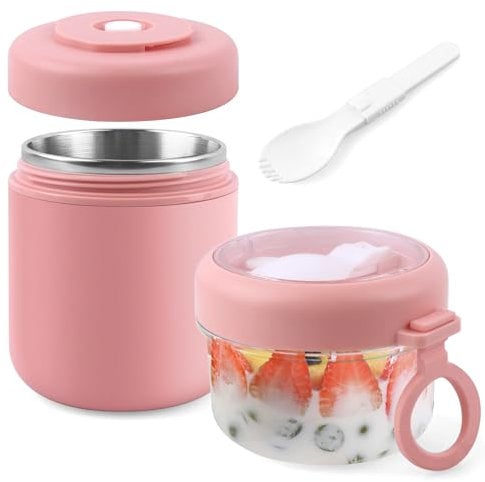 Acasimo Tazza per cereali in acciaio inox, 2 in 1, con cucchiaio, 530 ml + 330 ml, portatile, a prova di perdite, adatto per congelatore, lavastoviglie, adulti (rosa)