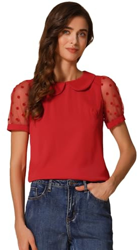 Allegra K Femme Chemisier Col Claudine Pois Manches Mesh Vintage