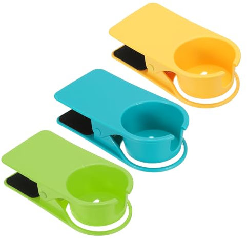 PATIKIL Desk Cup Holder Clip, 3 Pcs Clamp on Table Cup Holder Bottle Couch Cup Holder with Side Open for Boat Swing Chairs Drink Mug, Yellow, Green, Blue