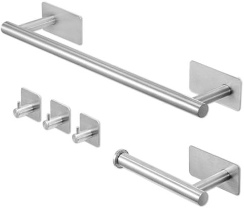 Youyijia 5pcs Towel and Toilet Roll Holder Set Bathroom Accessories Set No Drilling, Self Adhesive Toilet Roll Holder, Towel Rail, Hook (Silver)