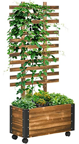 Outsunny Jardinera Exterior Grande de Madera Jardinera con Celosía para Plantas Trepadoras Tela no Tejida Ruedas y Esquinas Metálicas de Doble Capa para Patio Terraza 65x31x147 cm Carbonizado