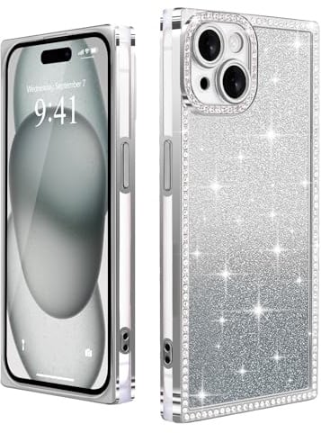 Urarssa for iPhone 15 Case Glitter, Rectangle Edge Design, Silver | Cute Bling Sparkly Case with Luxury Diamonds for Women Gilrs, Transparent Soft TPU Slim Shockproof Cover