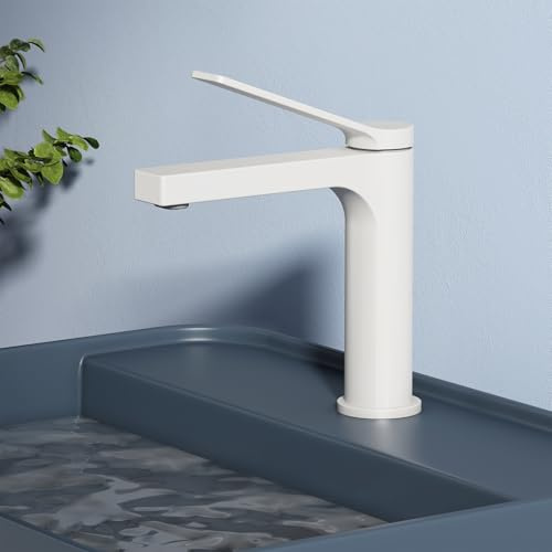 EMKE Wasserhahn Bad Weiß Matt, waschtischarmatur, 4MS Messing, Wasserhahn Bad mit Auslauf Höhe 125mm, Mischbatterie Waschbecken-Armatur einfache Installation, Kalt/Warmanschluss