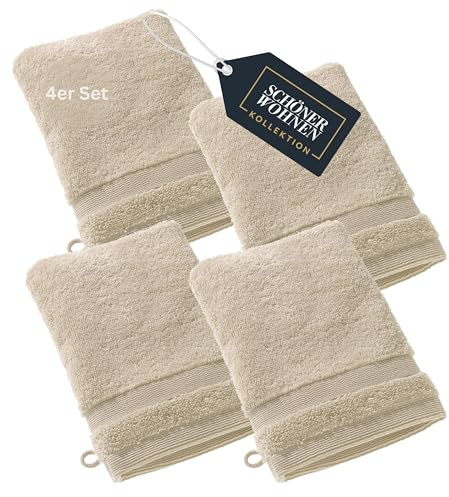 SCHÖNER WOHNEN 4er Set Premium Waschhandschuh Baby 16x21 cm - saugstark - Luxus Waschlappen Beige - 100% Baumwolle - flauschig weich - als Handtuch-Set kombinierbar - Frottee Kinder - Öko-Tex