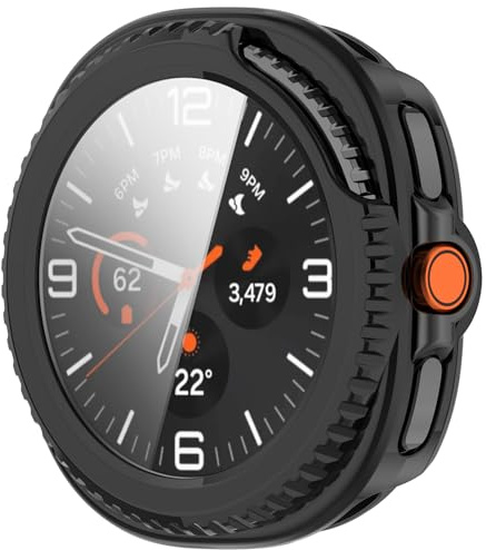 AWADUO Compatible with Samsung Galaxy Watch 8 Classic Full Coverage PC Protective Case Cover with Tempered Glass Touchable Screen Protector Smartwatch Accessories(Smooth Black)