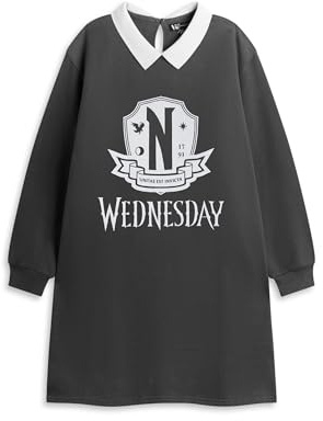 Wednesday Girls Dark Grey Sweatshirt Dress | Long Sleeve Collared Style with Button Closure | Older Girls Loungewear for Casual Wear | Unitas Est Invicta Merch - 9-10 Years