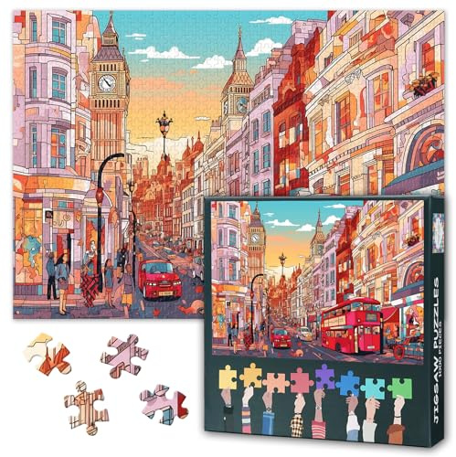 1000 Teile Puzzle für Erwachsene London Stadtpanorama - Britische Architektur Urbane Landschaft - Gemusterte Häuser Big Ben Themse Fluss Skyline Puzzle 70x50 cm