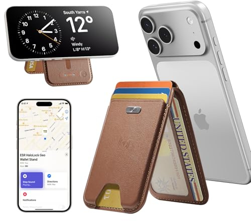 ESR Geo for MagSafe Wallet with Full Find My Functionality, 5-Card Holder | RFID Blocking, Adjustable Stand, Magnetic Wallet for iPhone 17e/17/16/15/14/13/12 Series, Not for 13/12 mini, Brown