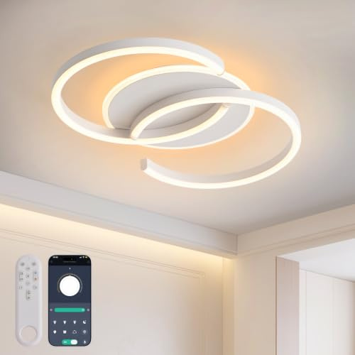 LED Deckenleuchte Dimmbar weiß „S“ 2-Ringe, 50cm 32W Farbtemperatur 3000-6000K, Helligkeit 3-32W, Mit Fernbedienung/Mobile APP, Schlafzimmerlampe, Wohnzimmerlampe, Mit Memory-Funktion, 3W Nachtlicht