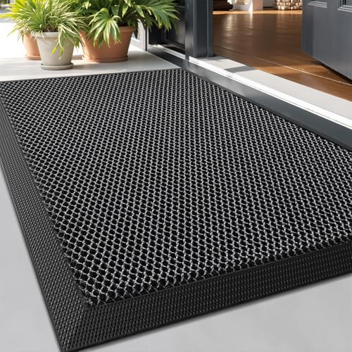 LUMI Outside Door Mat, 43 x 76 cm, Traps & Hides Dirt, Entrance, Dark Grey | Dirt-Trapping Doormat with Non-Slip Backing, Quick-Dry, Stain & Fade-Resistant for Entrance, Patio, Garden
