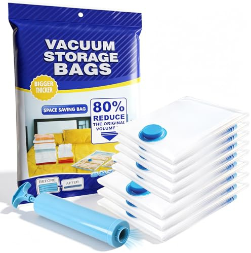 Vakuumbeutel 8 Stück 3 Groß 80x60cm + 2 Kleine 60x40cm + 2 Kleine 50x40cm, Platzsparend Vacuum Bags, PA & PE Material, Handpumpe Enthalten, Vakuumbeutel für kleidung Reisen Bettdecken