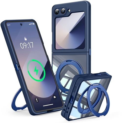 Magnetische Klapphülle für Samsung Galaxy Z Flip 5/6 mit 360° drehbarer Ständer, kompatibel mit MagSafe & PixelSnap, Rutschfester Silikon-Bumper, [Kratzfest & Stoßfest] mit Kameraschutz - Blau