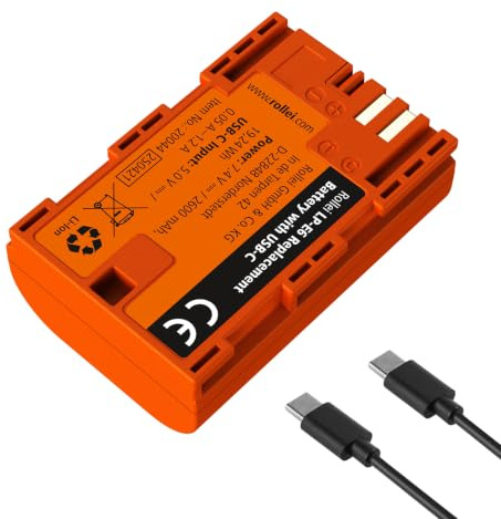 Rollei LP-E6 Akku 2600 mAh mit USB-C Ladekabel | Kompatibel mit Canon EOS 5D Mark II/III/IV, 6D/6D Mark II,7D/7D Mark II,60D/70D/80D