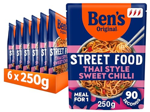 Ben's Original Street Thai Style Sweet Chilli Noodles, 6 x 250g, Multipack | Quick and easy, convenient meal. Microwave noodles, ready in 90 seconds, no artificial colours or flavourings, serves 1