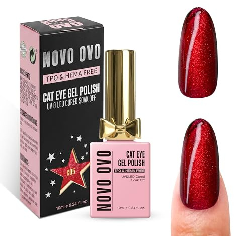 NOVO OVO Cat Eye Glitter Gel Nail Polish, C05_Ruby Spark(classic ruby red and brilliant scarlet red), TPO & HEMA Free, Salon Effect Holographic Magnetic Shimmer, Soak Off UV LED for DIY Nail Art 10ml