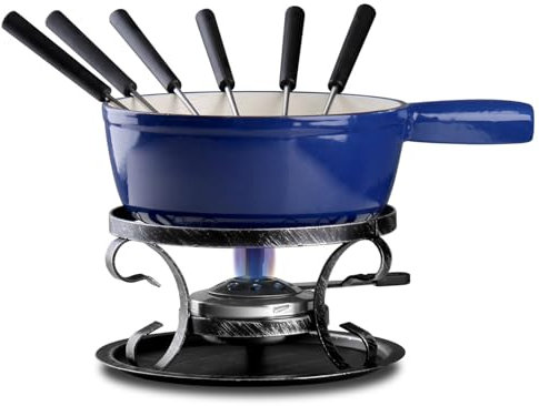 Artestia Swiss Traditional Cast Iron Cheese Fondue Pot Set, Cast Iron Fondue Set for Cheese, Meat & Chocolate (Blue)