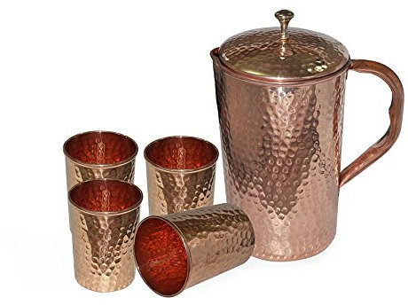 Indian Pure Copper Hammered Jug with 4 Tumbler Glass Set for Ayurvedic Healing