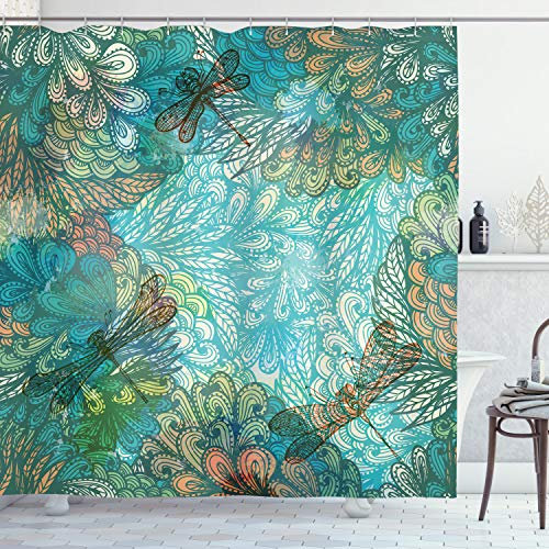 ABAKUHAUS Libelle Duschvorhang, Fantasie-Blumen Mix, Stoffliches Gewebe Badezimmerdekorationsset mit Haken, 175 x 220 cm, Turquoise Bernstein
