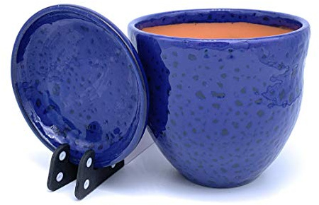 Sun Cakes Ceramic Plant Pot Glazed with Saucer Round Terracotta with Drip Tray Flower Pot Clay Coloured Flower Pot Galla (26cm x 22cm, Blue)