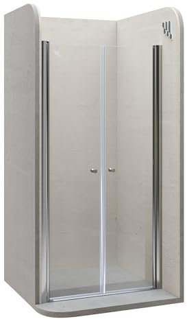 Moments of Glass Mampara de ducha Lima, regulable de 140-144 cm, altura 195 cm, puerta doble abatible, cristal de seguridad templado transparente ESG 6MM, perfiles cromados #DTC