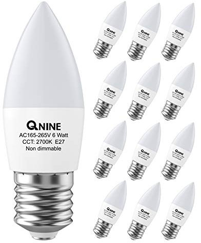 QNINE 12 Pack Warm White 𝐄𝟐𝟕 Screw Bulb, 𝟔𝐖 (𝟔𝟎𝐖 Equivalent), 540lm, LED Candle Bulbs, 𝟐𝟕𝟎𝟎𝐊, Non-Dimmable