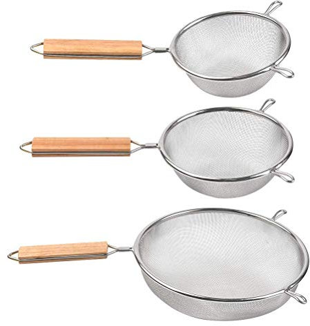 JAOMON 3 Pezzi Setaccio in Acciaio Inox Setaccio da Cucina Scolapasta Setaccio Domestico con Manico in Legno Rosso Setaccio Fine Premium Fine Setaccio A Punta per Filtrare La Farina Setacciare