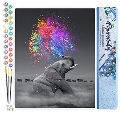 Figured'Art Malen Nach Zahlen Erwachsene Elefant und Farbexplosion - Paint by Numbers Basteln DIY Bastelset 40x50cm ohne Holzrahmen