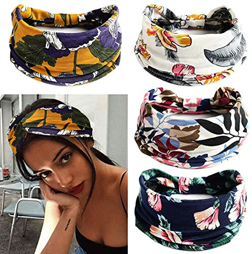 4 Pezzi Fasce per Capelli Donna, VEGCOO Fascia per Capelli Boho Stile Ragazze, Elastiche Larghe Accessori per Capelli con Stampa Floreale per Yoga, Corsa (A)