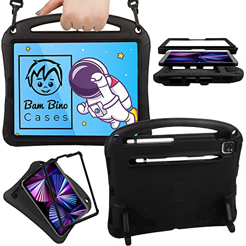 Bam Bino Space Suit Kids Case for iPad Pro 12.9 3rd/4th/5th/6th Generation (2018-2022) Models [Not for iPad Pro 12.9 1st/2nd Gen] Screen Guard, Handle, Shoulder Strap, Pencil Holder (Cosmic Black)