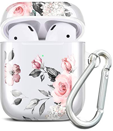 RXKEJI Kompatibel mit AirPods Hülle Silikon Blume Stoßfeste Kopfhörer Taschen Case Schutzhülle Zubehör mit Karabiner Kompatibel mit AirPods 2 & 1 Flower Rose Pink