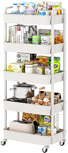 Sywhitta 5-stöckiger Kunststoff-Rollwagen mit Griff, multifunktionaler Aufbewahrungswagen für Büro, Wohnzimmer, Küche, beweglicher Aufbewahrungs-Organizer mit Rädern, Weiß
