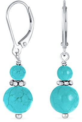 Pierre Précieuse Turquoise Boho Bali Milgrain Boucles D'Oreilles Séparateur Rondelle Double Boule Pendante Dangle Pour Femmes Adolescentes .925 Argent Sterling Lever Back