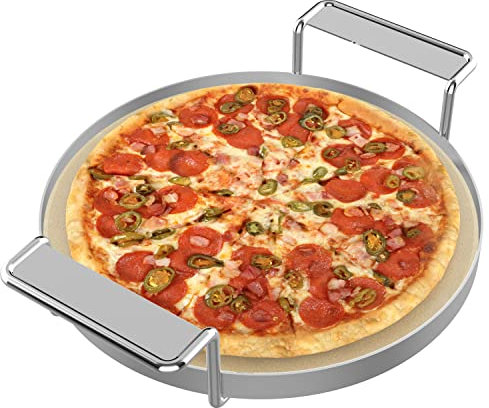 EasiBBQ Round 10.25-inch Ceramic Pizza Baking Stone with Metal Handle Rack, Compatible for Weber, Char-Broil, Nexgrill, BGE, Kamado Joe, Smoke Grill, Charcoal Grill, Gas Grill.