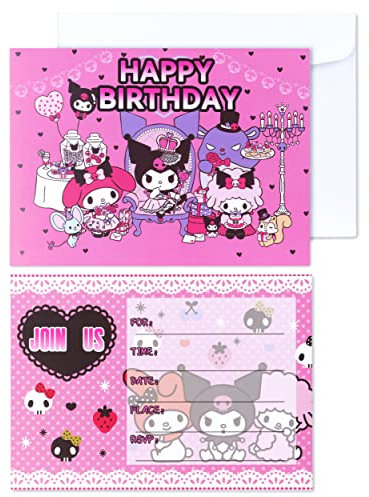 Roffatide Anime Einladungskarten für Kuromi Happy Birthday Supplies 16 PCS Füllen Sie Einladungen mit Umschlägen für Mädchen und Jungen 5x7 Zoll aus
