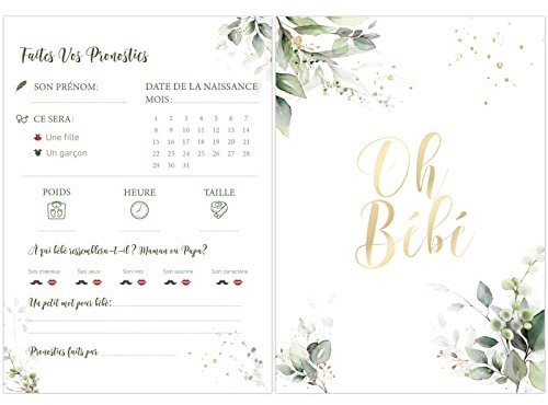 GEBETTER 20 Carte Pronostic Baby Shower Français Jeu Naissance Gender Reveal Fête Prénatale Cadeau Souvenir Mixte pour Bébé Fille Garçon Future Maman