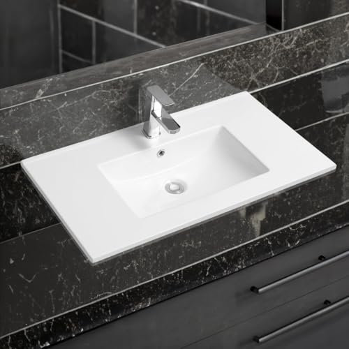 Limoge 4001A Ceramic 91cm Thin-Edge Inset Bathroom Basin with Scooped Bowl - Modern Drop-in Self-Rimming Top-Mount Rectangular Sink for Vanity or Countertop Installation