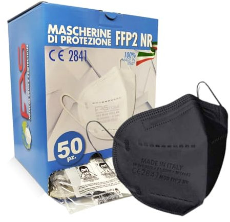 FAS MEDICAL DEVICE PROTECTION 50pz Mascherine FFP2 Nere, Confezionate Singolarmente - Anallergiche, Comode e Resistenti Mascherine con Filtro BFE > 95% Certificate CE