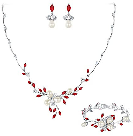 EVER FAITH CZ simulierte Perle Blume Blatt filigrane Halskette Ohrringe Armband Set Rot Silber-Ton