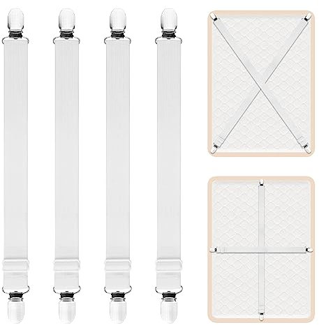 AUAUY Bettlakenklammern, Bettlakenspanner Verstellbar, 4 Stück Elastische Spanner für Bettlaken, Lakenspanner mit Metallclips, Bettlaken Spanngurte für Bettlaken, Matratze, Bügelbrett Oder Sofa-Weiß