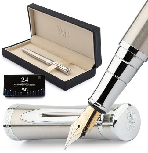 Wordsworth & Black Füllfederhalter-Set, feine 18-Karat-Goldfeder, inklusive 24 Tintenpatronen, Kolbenkonverter und Geschenkbox, goldfarben, Kalligraphie, verchromtes Silber