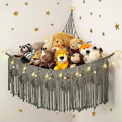 Makramee Spielzeug Aufbewahrung Kuscheltier Aufbewahrung Netz mit Sternenlicht, Plüschtiere Stofftier Hängend Spielzeug Organizer für Kinderzimmer, Boho Ecke Wand hängende Veranstalter (Grau)