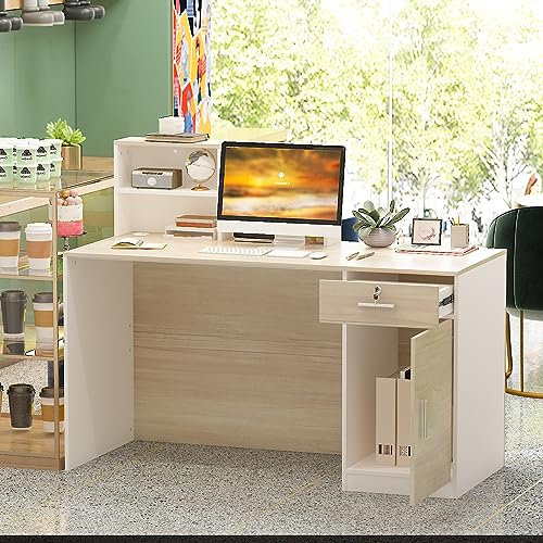 Caldion Rezeptionstheke Ladentheke mit abschließbarer Schublade und Regalen, Rezeptionstheke Tisch, Rezeptionstresen für Salon Restaurant Cafe, Weiß und Eiche, 140x60x110cm