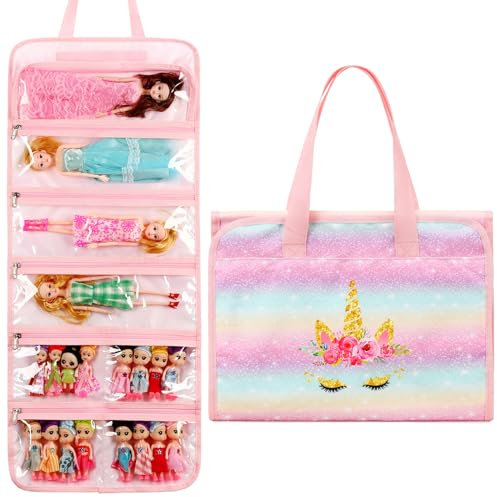 Octsky Toy Dolls Storage Bag Tote Carrying Case Compatible with LOL Surprise Toys Dolls Omg, Hanging Organizer Storage Bag with 8 Clear Window Pockets, Bag Only (02-Golden Unicorn)