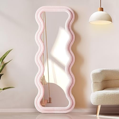YOSHOOT Miroir Vague 160 x 60 cm, Miroir sur Pied Irrégulier avec Cadre en Bois Recouvert de Flanelle, Miroirs en Pied à Poser ou Suspendre - Moderne Rose