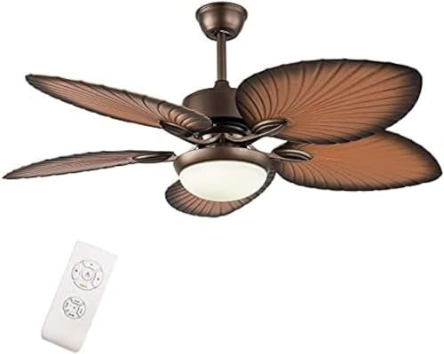 52 Tropical Ceiling Fan With Lights & Remote Control Reversible Leaf Palm Leaf Ceiling Fan Palm Leaf Ceiling Fan Living Room Bedroom With 5 Glass Lampshades,Brown,YUYANAIAI