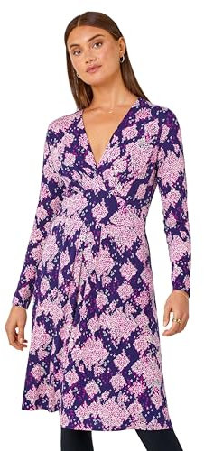 Roman Originals Wrap Tea Dress for Women UK Ladies Fit Flare Skater Swing Stretch Frill Long Sleeve Summer Evening Cocktail Party Work Office Casual Knee Length Midi - Purple Orchid - Size 18